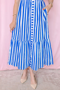 Blue Striped Sleeveless Midi Dress