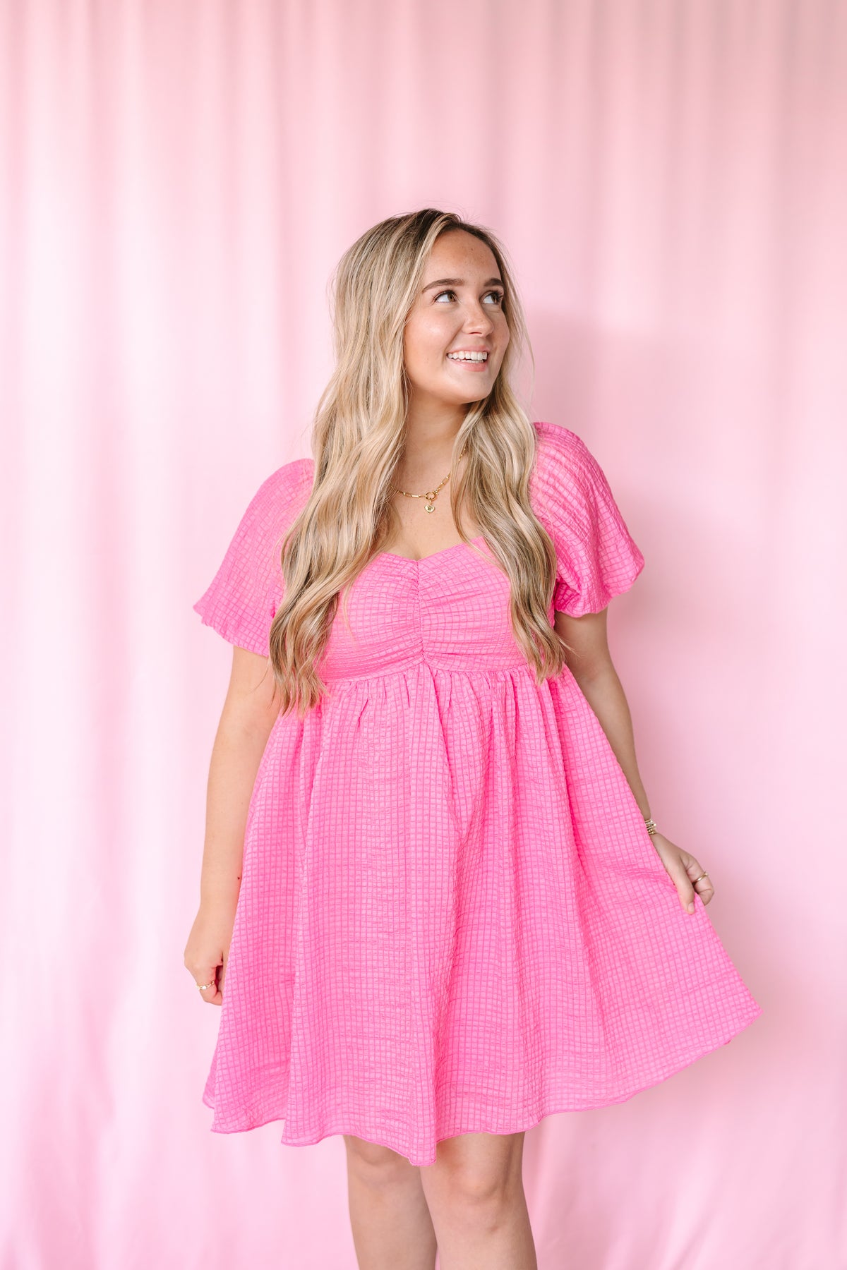 Pink Textured Woven Babydoll Dress Medium