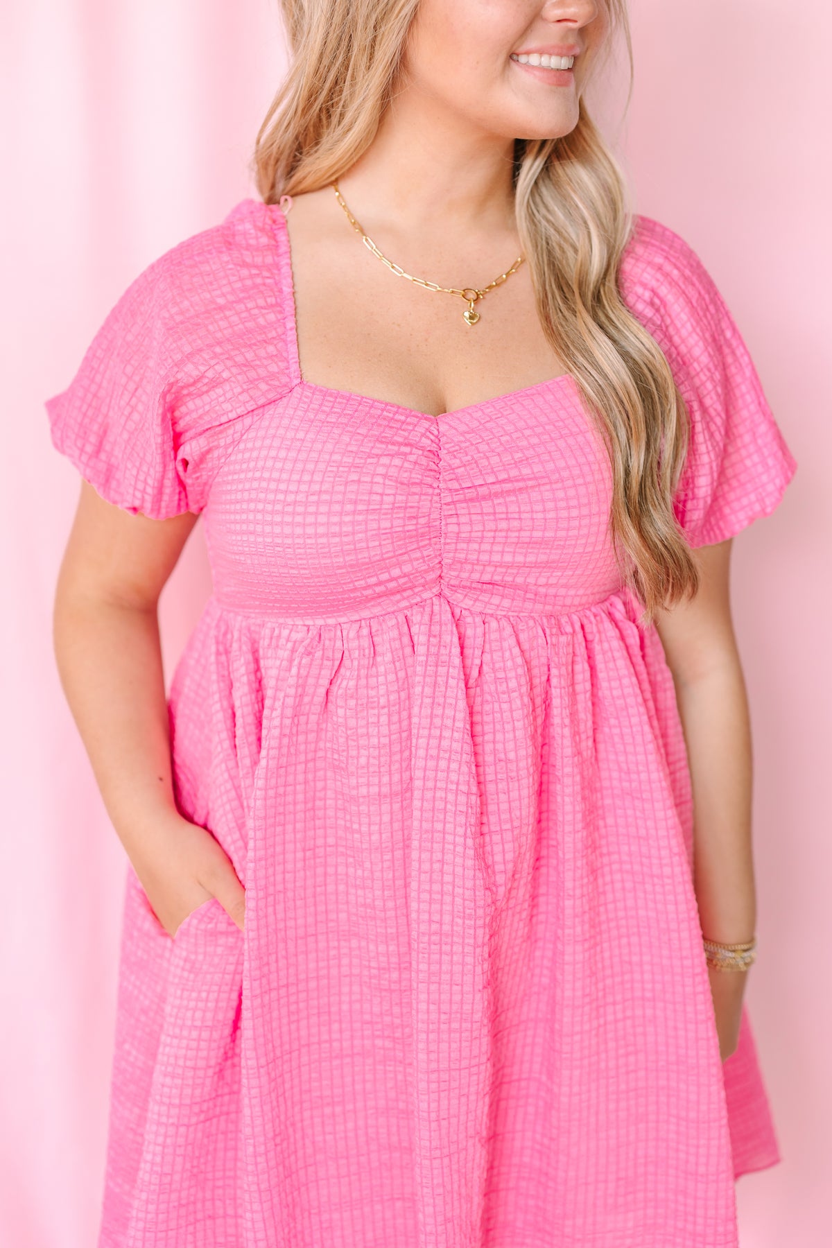 Pink Textured Woven Babydoll Dress Medium