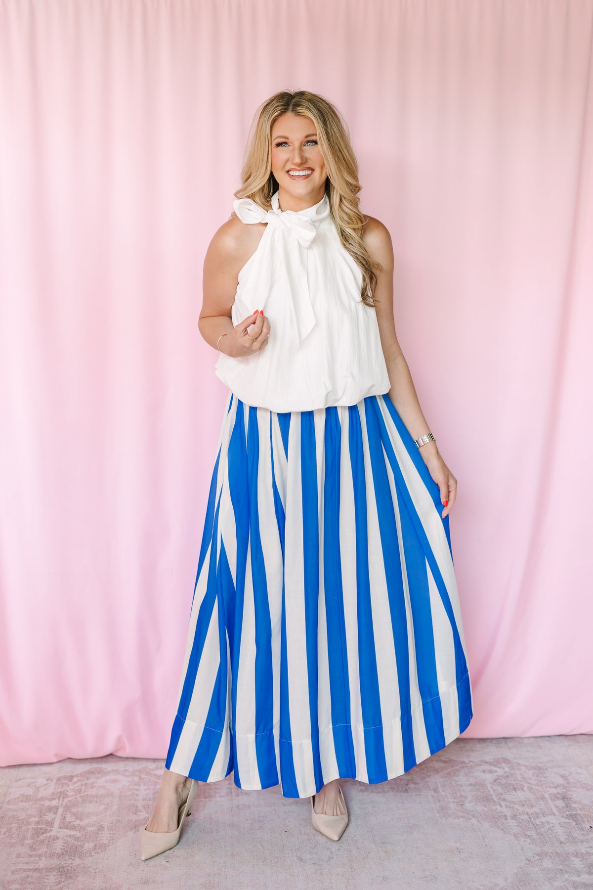 White high-neck tie-wrap top with bubble hem 