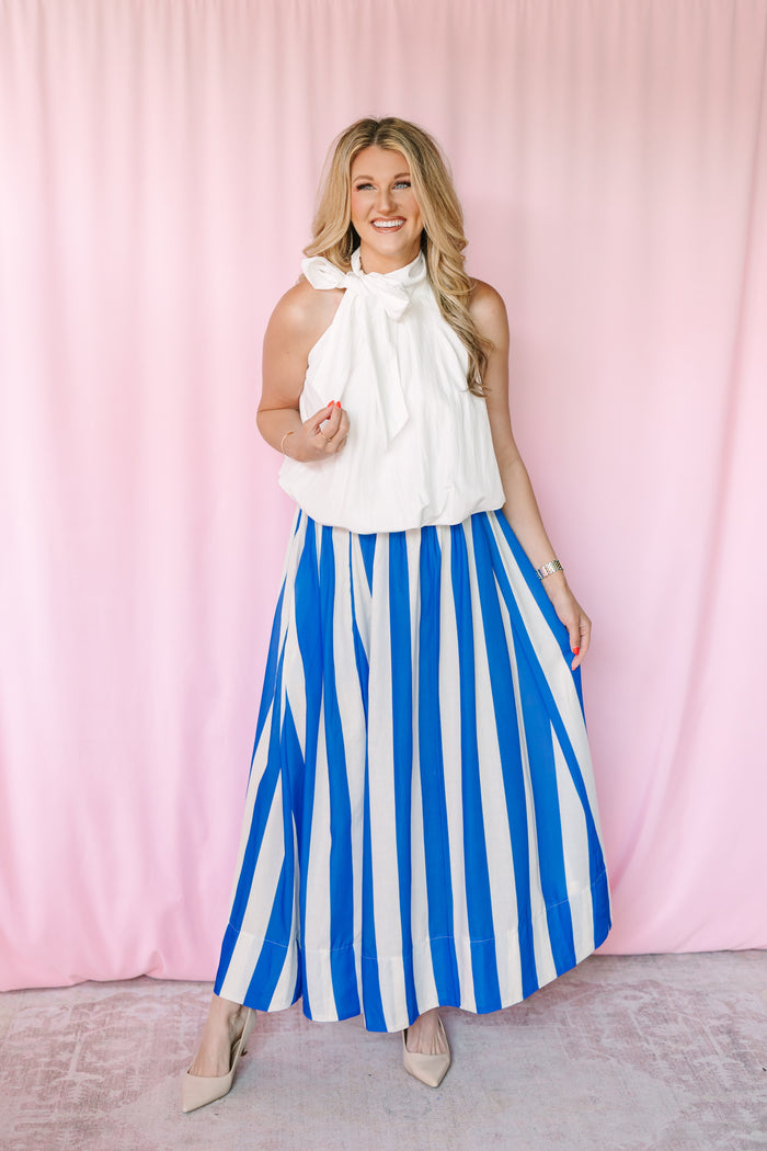 White high-neck tie-wrap top with bubble hem 