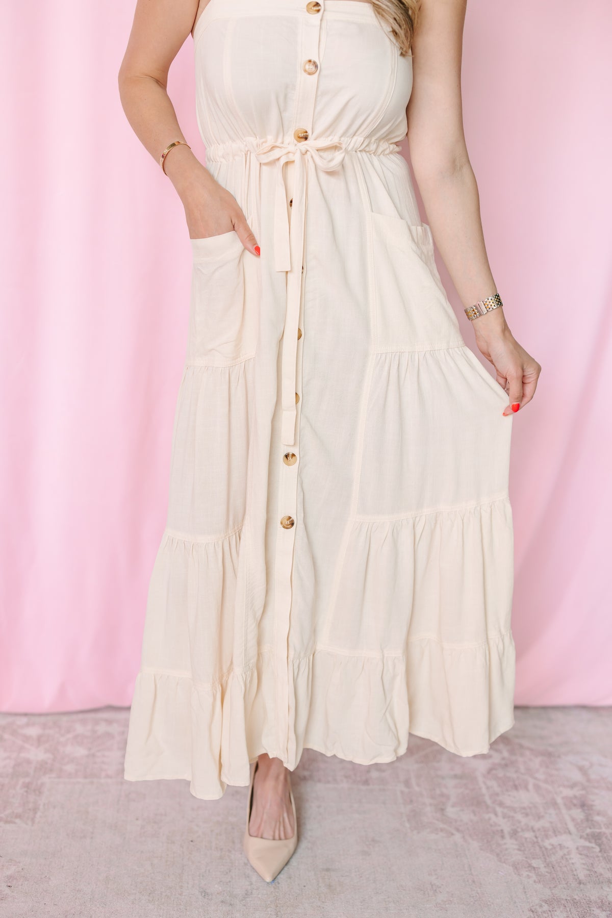 Cream Boho Linen Maxi Dress