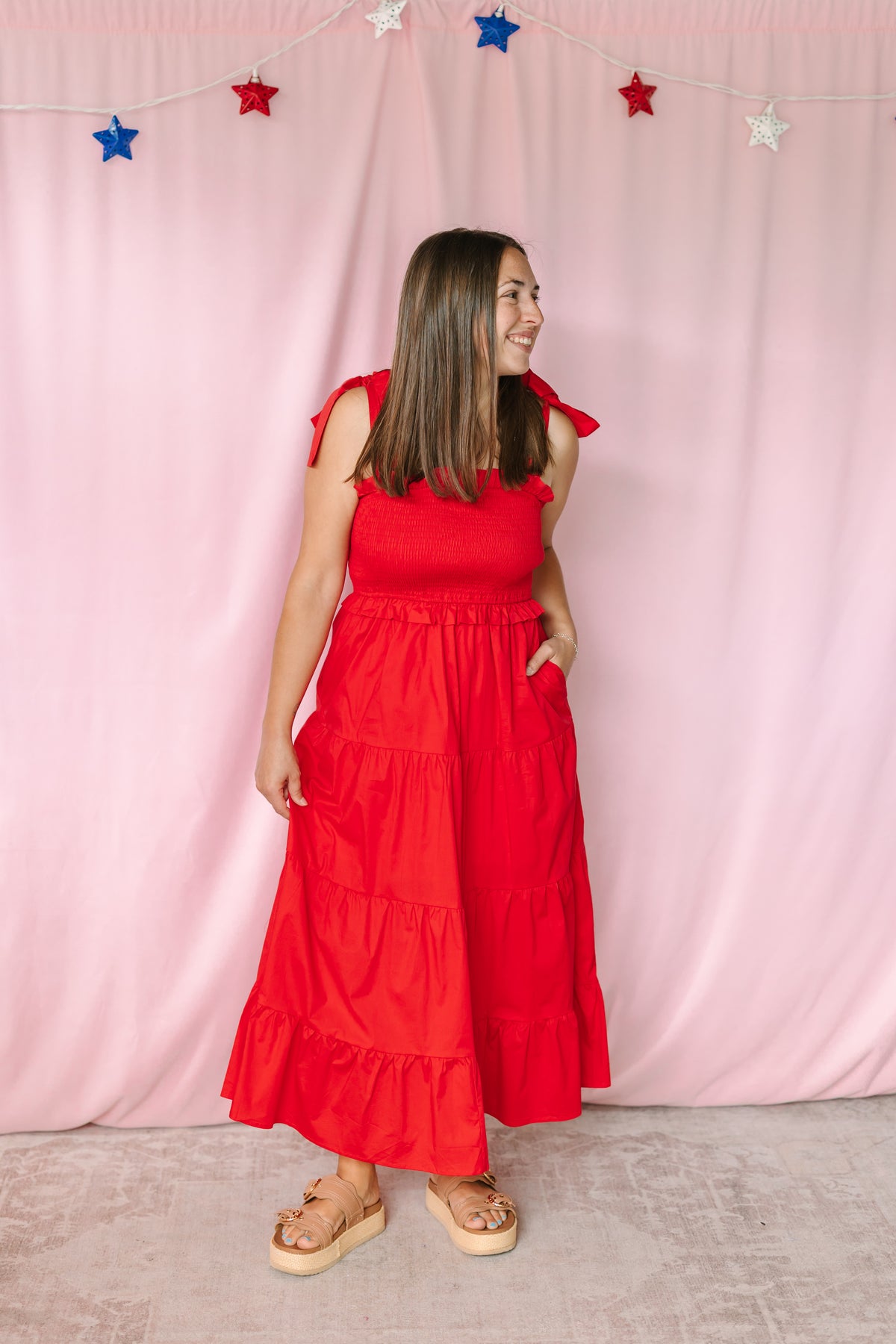 Red Smocked Midi Dress
