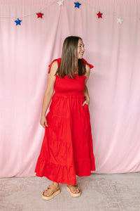 Red Smocked Midi Dress