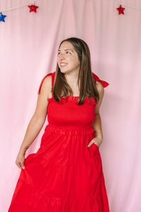 Red Smocked Midi Dress