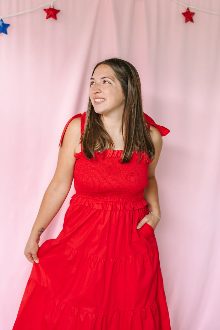 Red Smocked Midi Dress