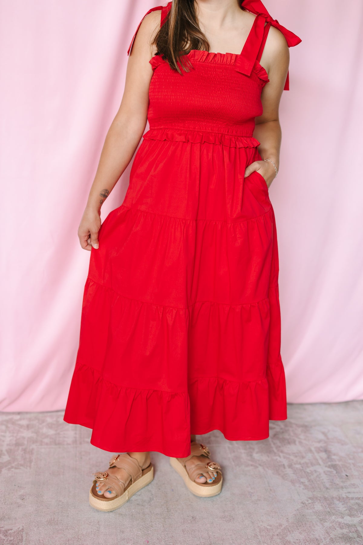Red Smocked Midi Dress