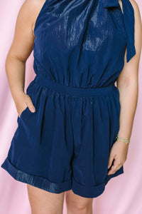 Navy romper elasticized waist and pleated shorts with pocket – detail view