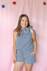 Women's navy and white checkered gingham shorts, casual summer style