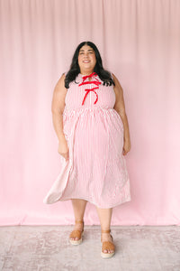 Red Striped Front Bow Midi Dress