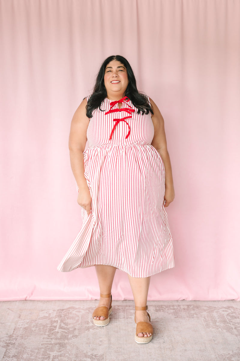 Red Striped Front Bow Midi Dress