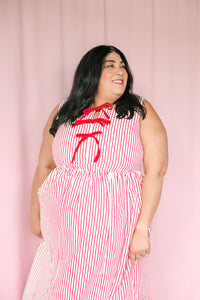 Red Striped Front Bow Midi Dress