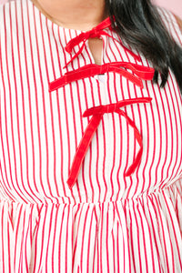Red Striped Front Bow Midi Dress