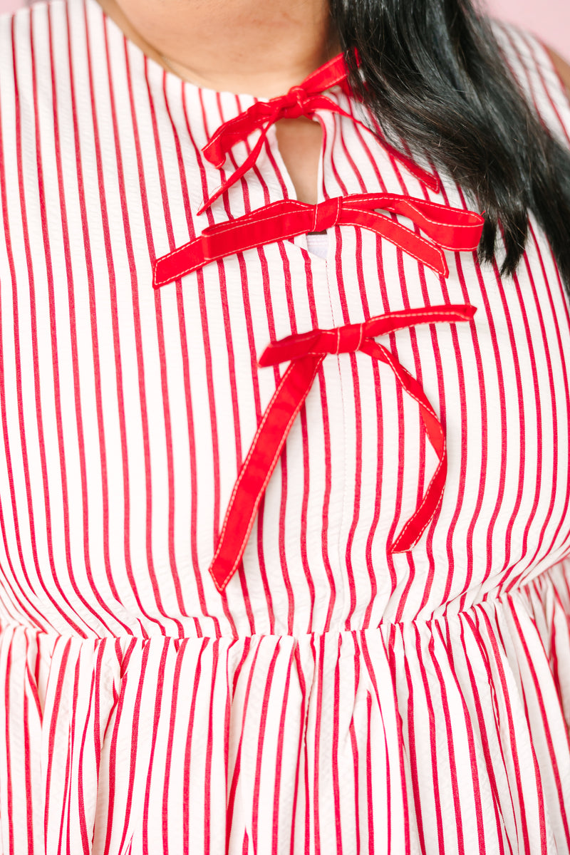 Red Striped Front Bow Midi Dress