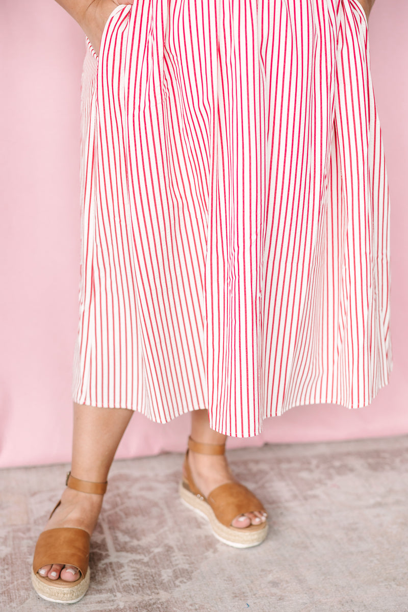Red Striped Front Bow Midi Dress