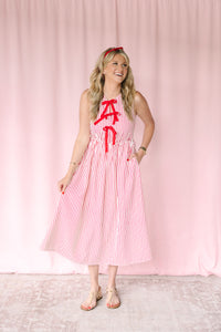 Red Striped Front Bow Midi Dress