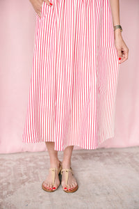 Red Striped Front Bow Midi Dress