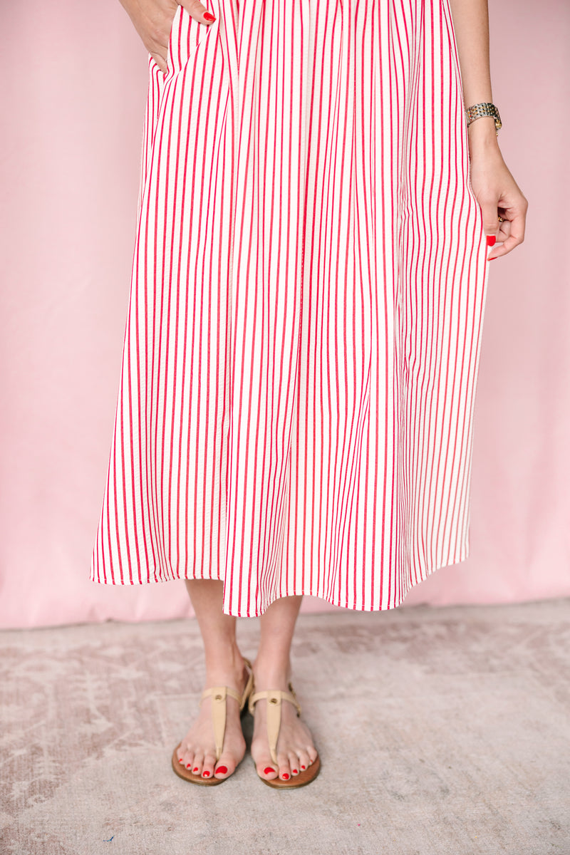 Red Striped Front Bow Midi Dress
