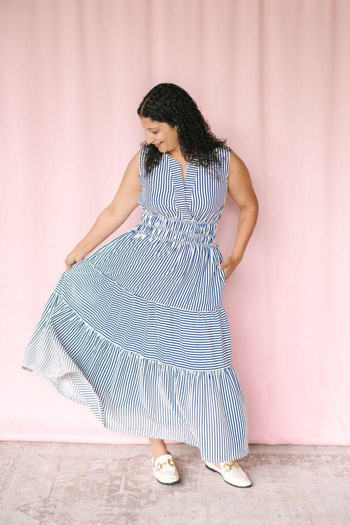 Blue Sleeveless Striped Midi Dress
