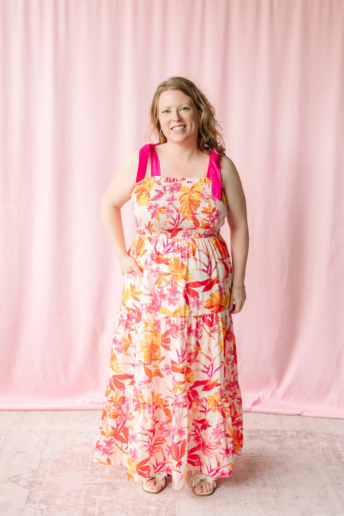 Pink Floral Tie Shoulder Maxi