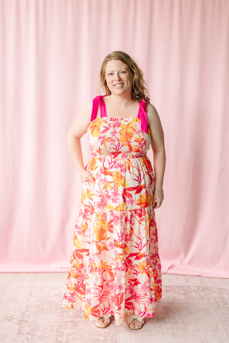 Pink Floral Tie Shoulder Maxi