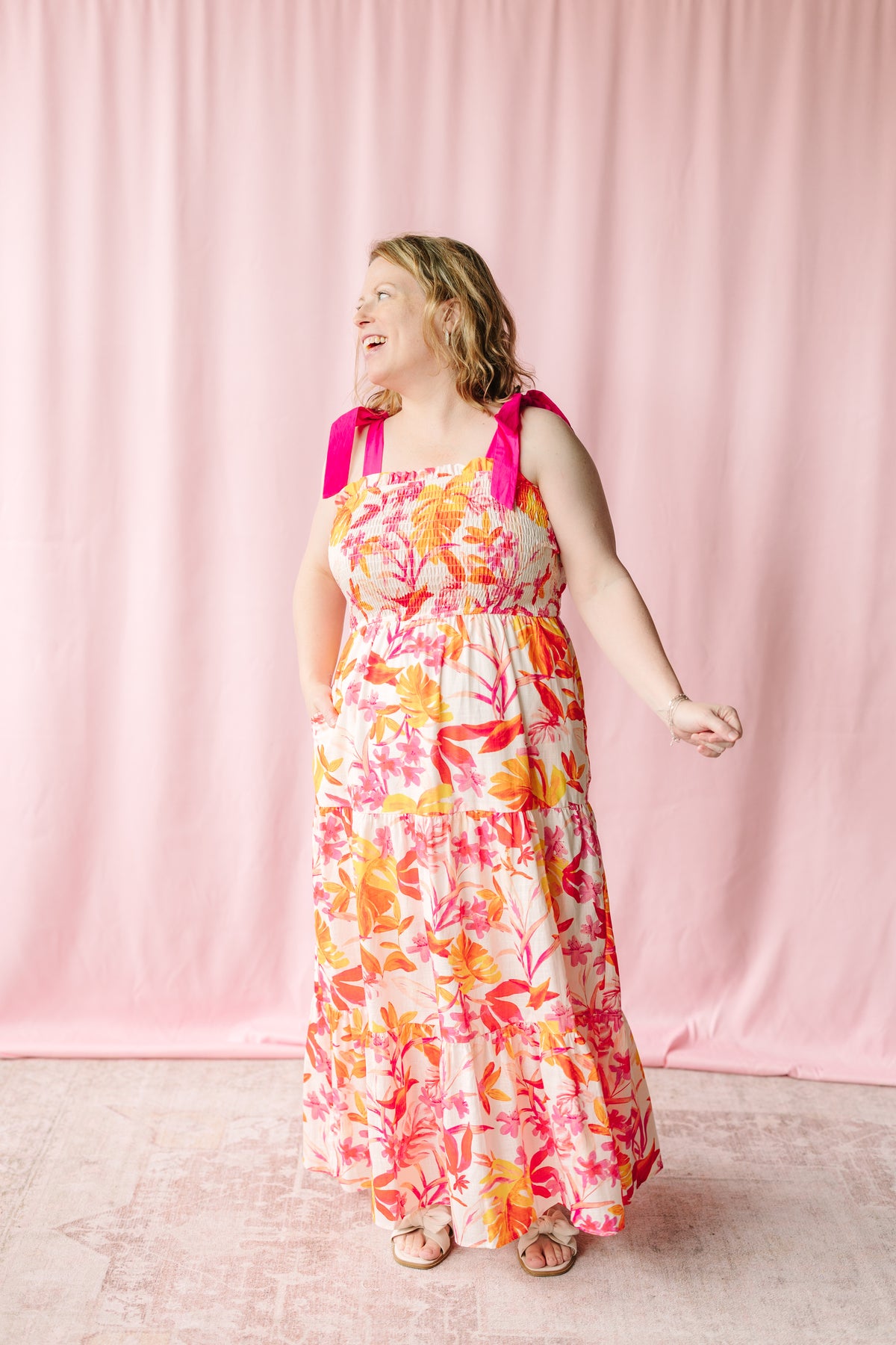 Pink Floral Tie Shoulder Maxi