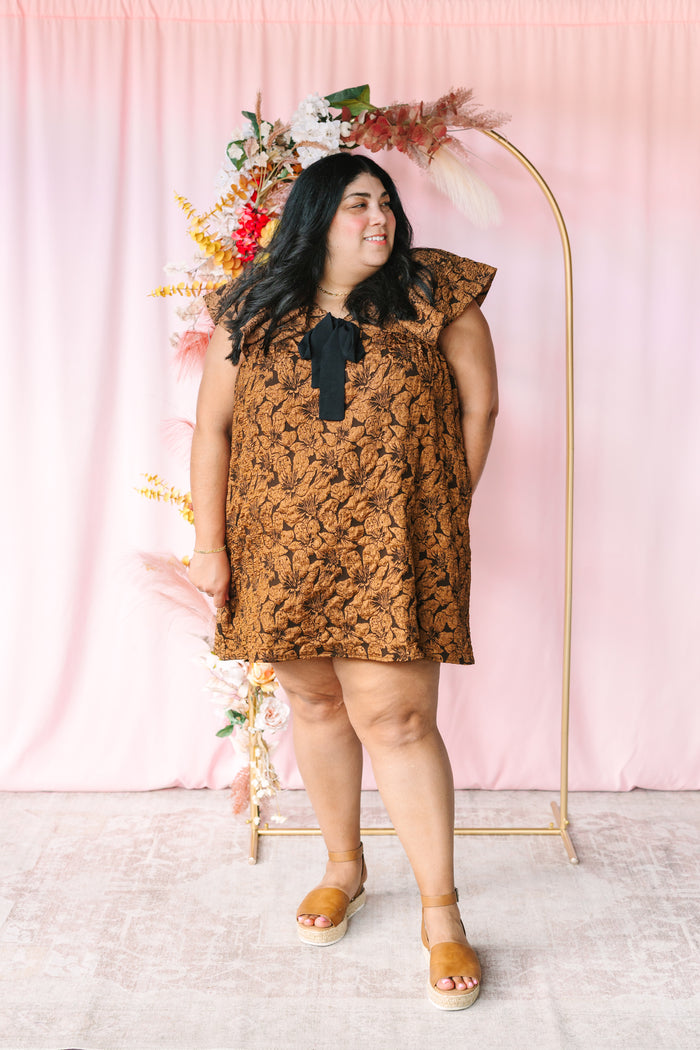 Brown Floral Textured Mini Dress