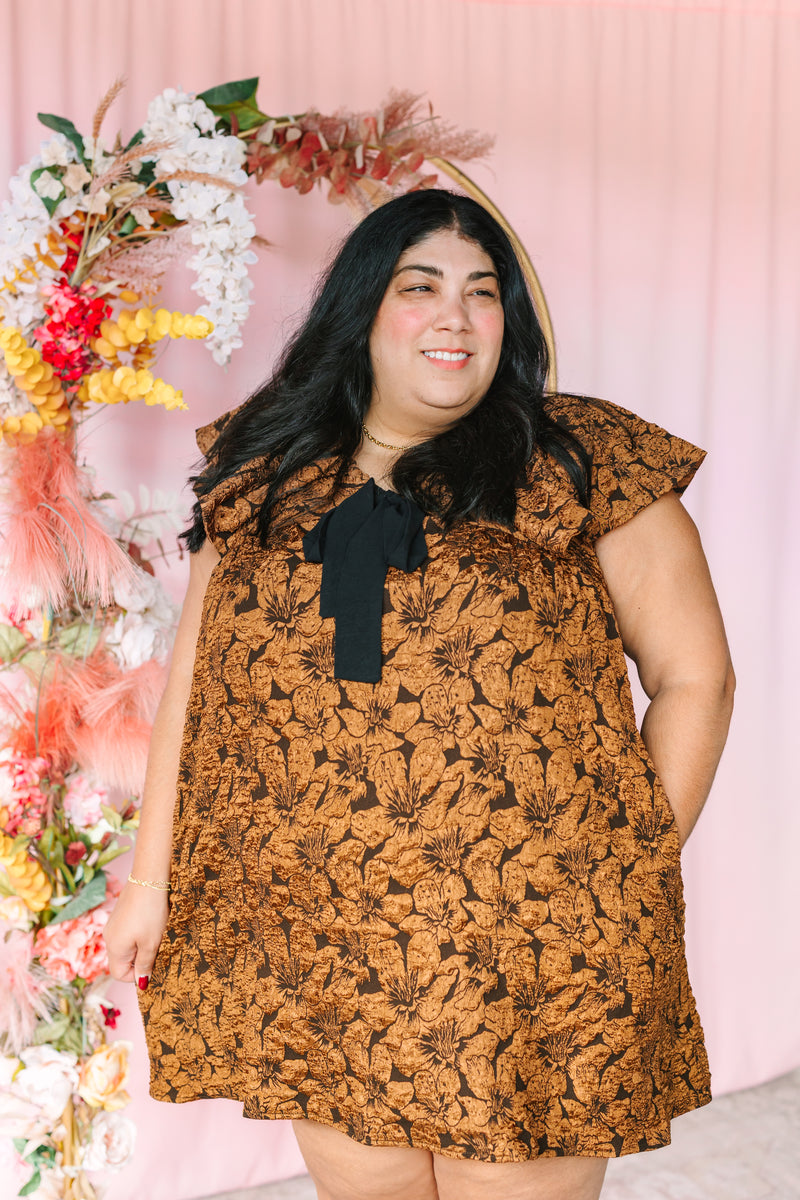 Brown Floral Textured Mini Dress