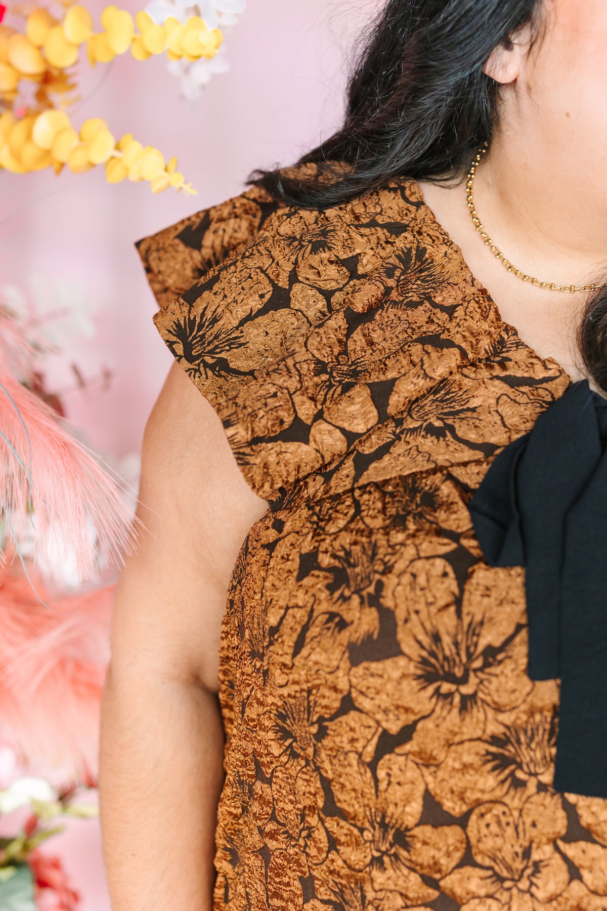 Brown Floral Textured Mini Dress