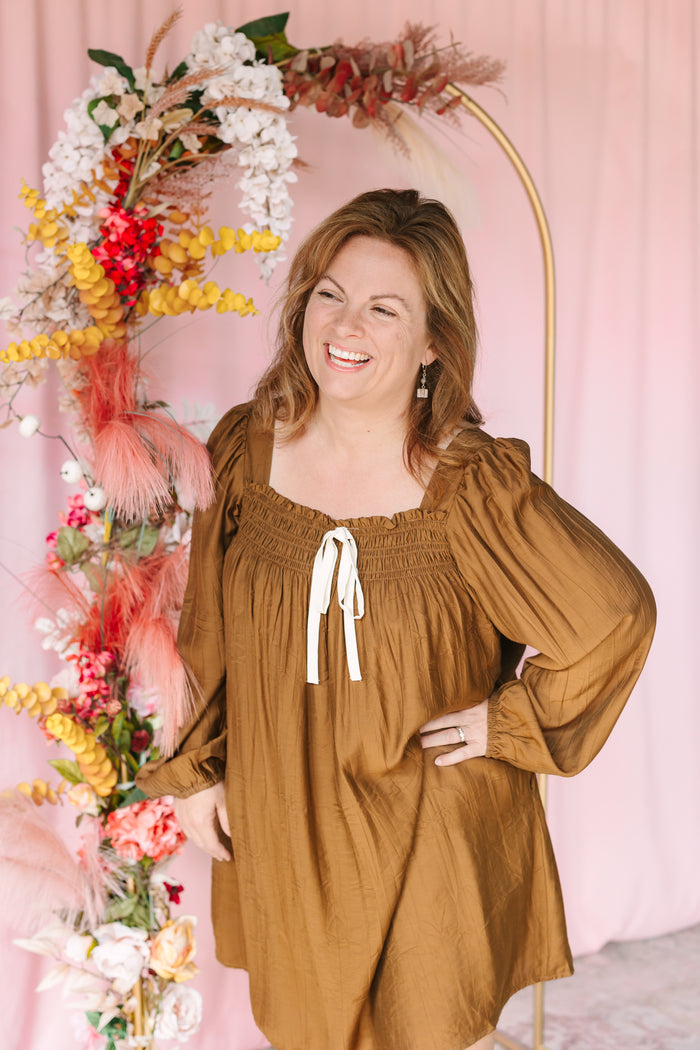 Brown Balloon Sleeve Mini Dress