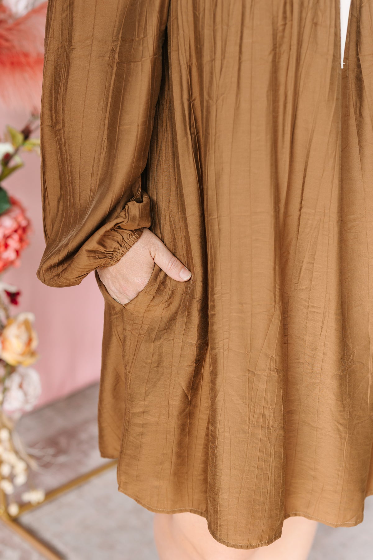 Brown Balloon Sleeve Mini Dress