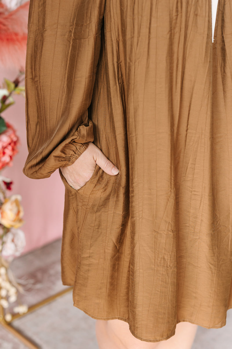 Brown Balloon Sleeve Mini Dress