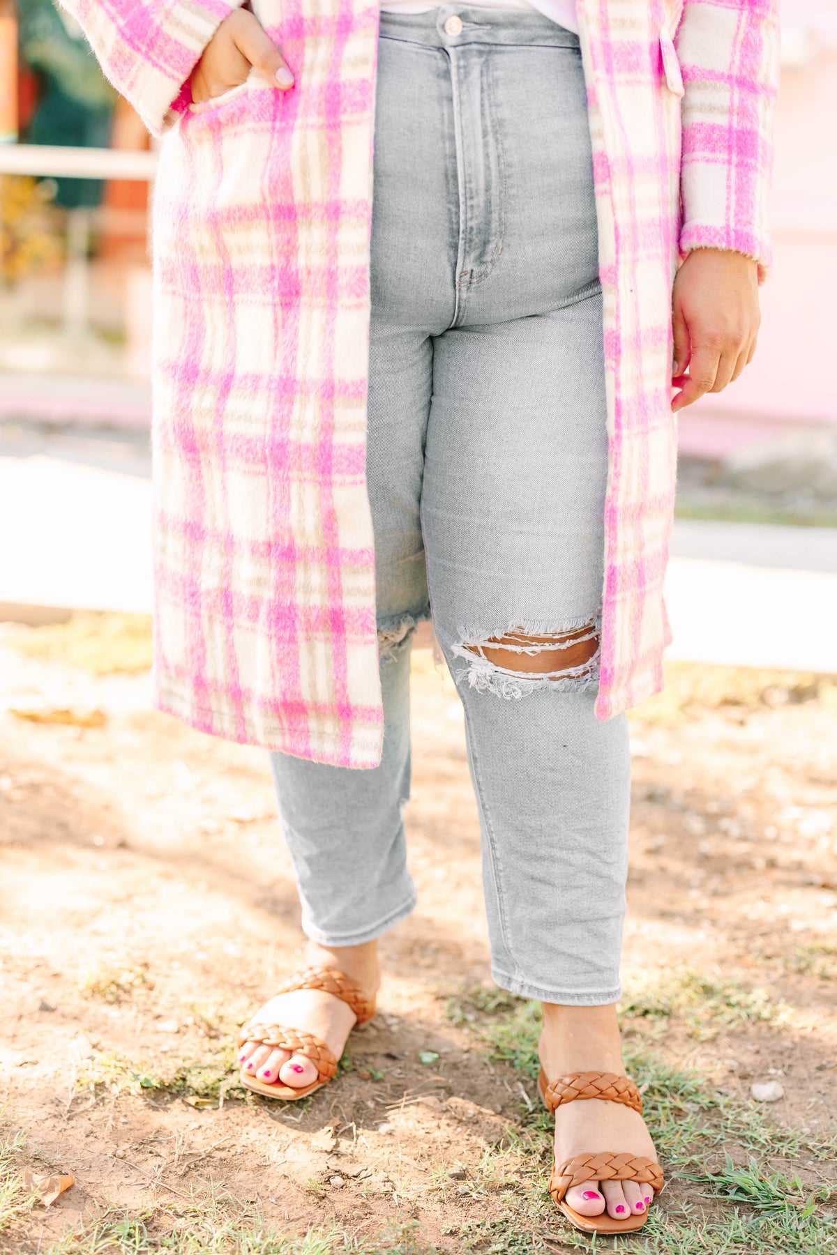 Pink Brushed Plaid Coat