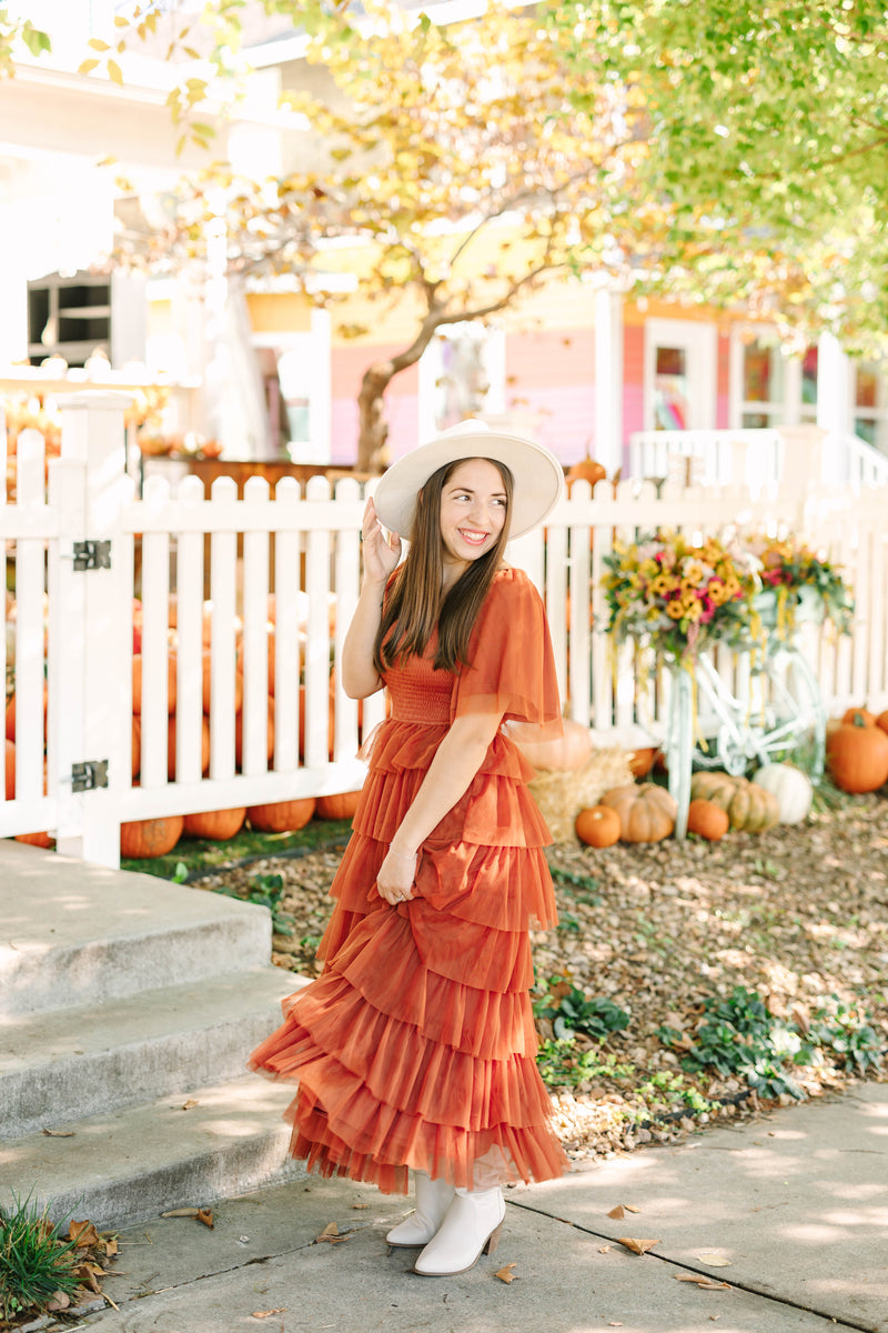Caramel Tiered Mesh Dress