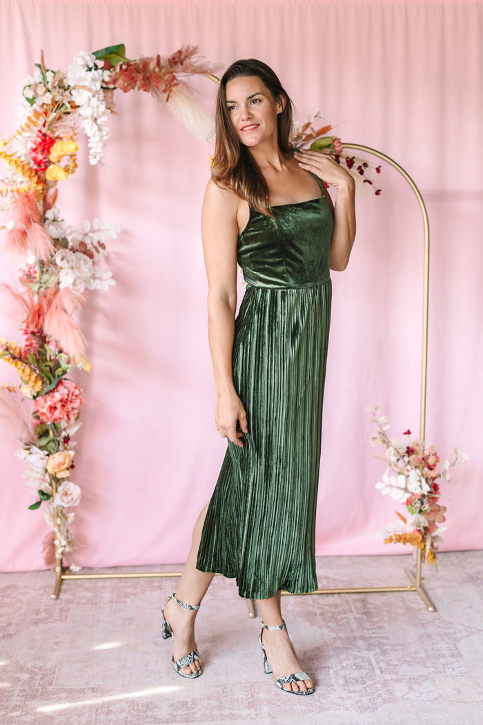 Olive Velvet Midi Dress