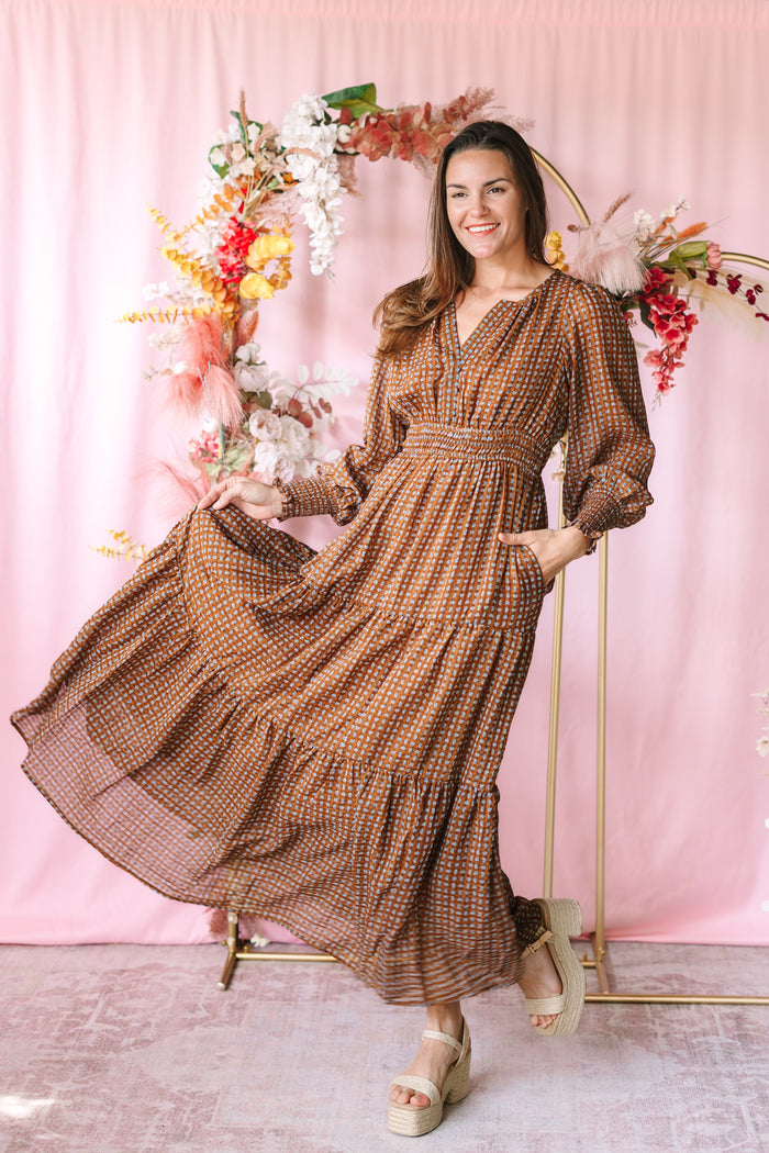 Caramel Notched Collar Maxi Dress