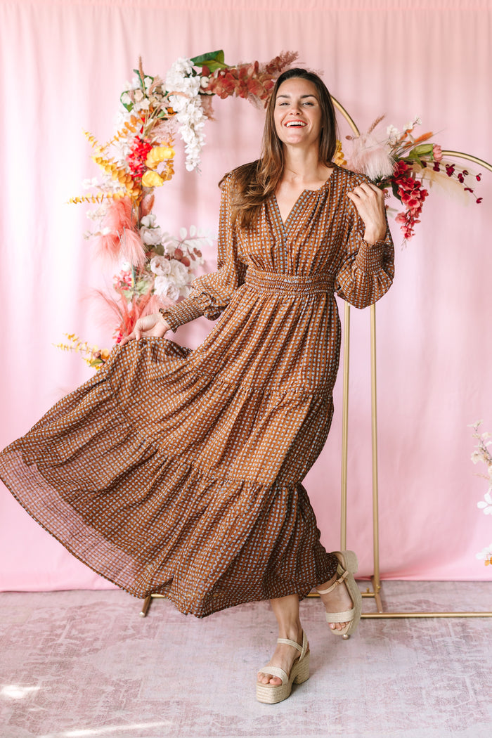 Caramel Notched Collar Maxi Dress