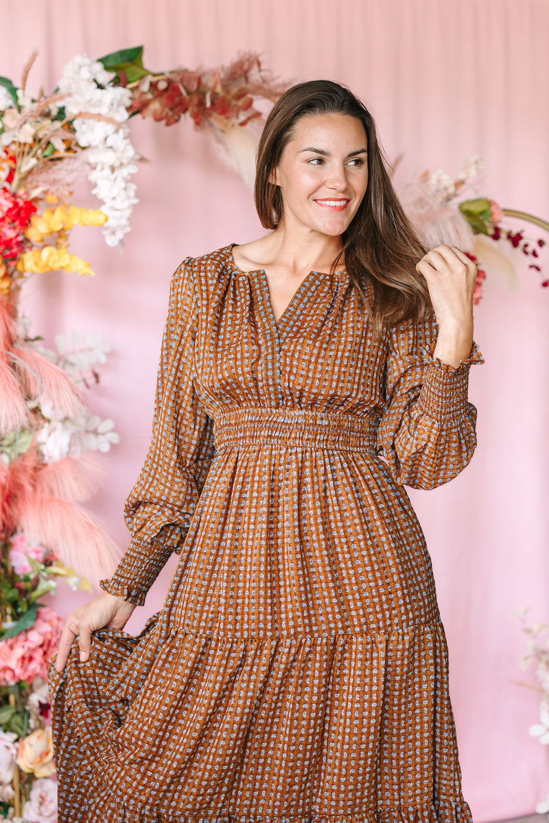 Caramel Notched Collar Maxi Dress
