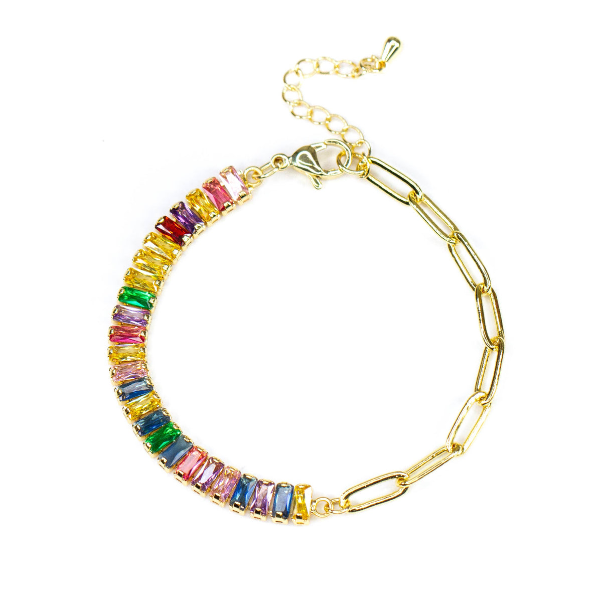 Tennis Multi Color CZ Baguette and Chain Link Bracelet