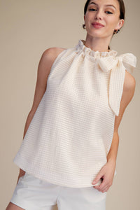 White Ruffle Neck Tie Blouse