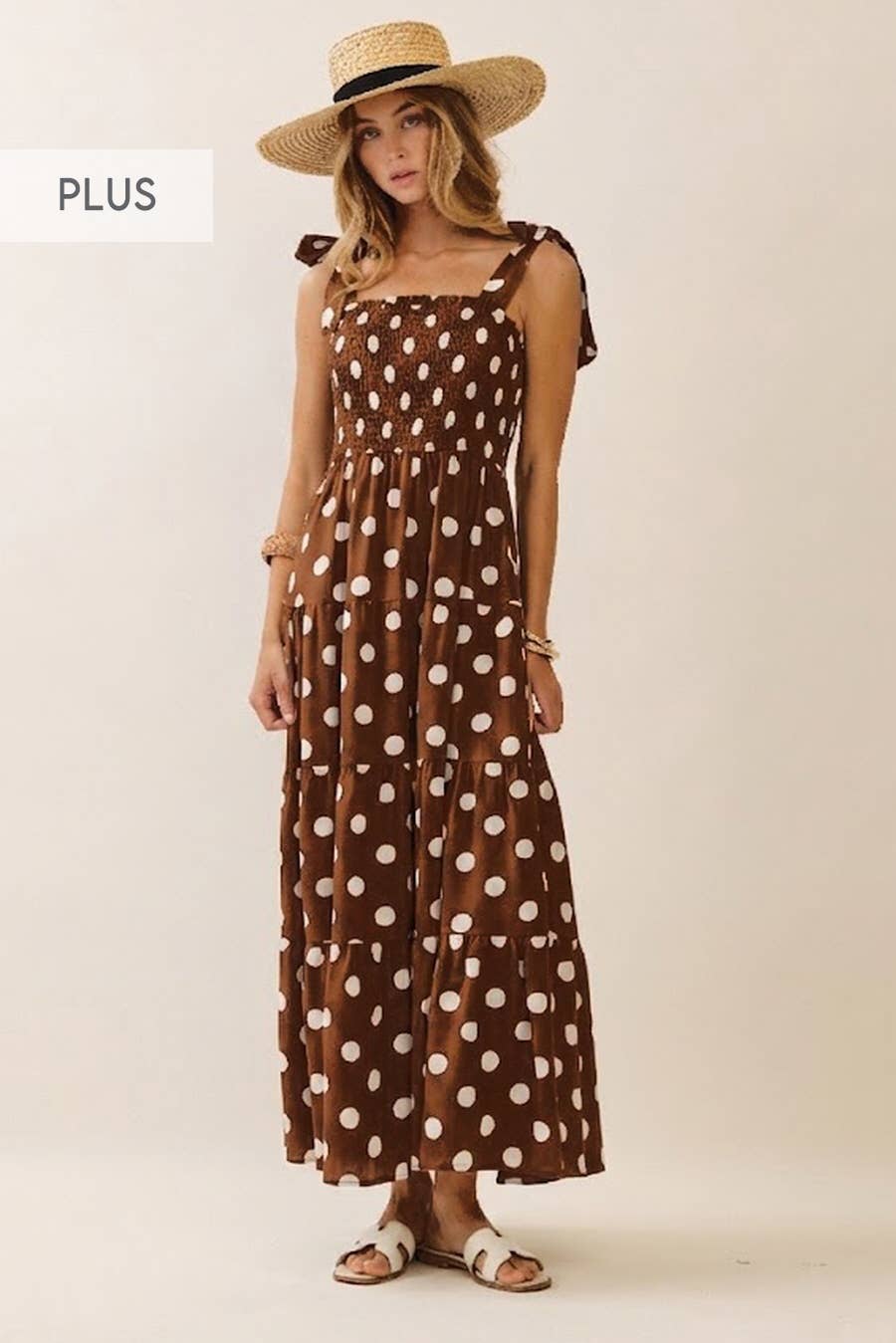 Brown Polka Dot Smocked Midi