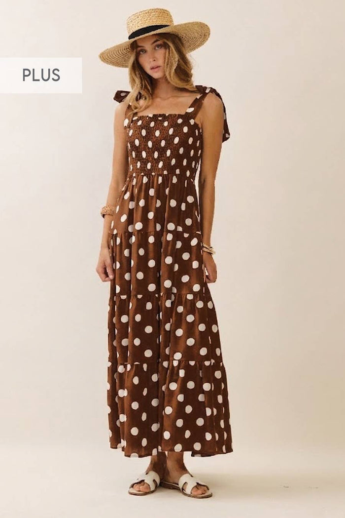 Brown Polka Dot Smocked Midi