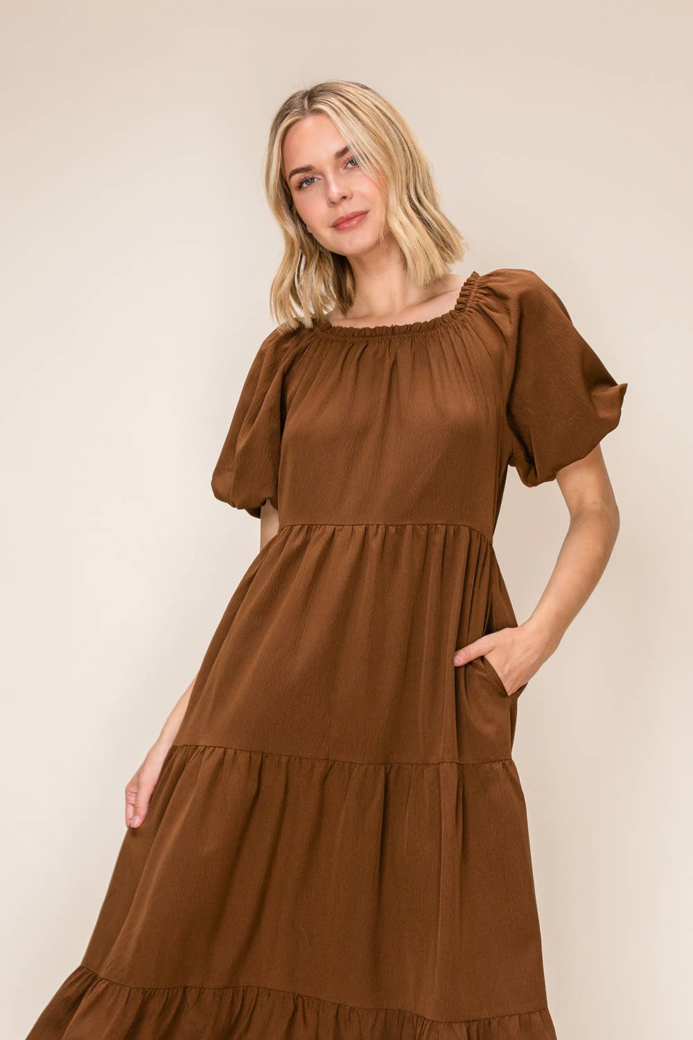 Brown Puff Sleeve Midi Dress