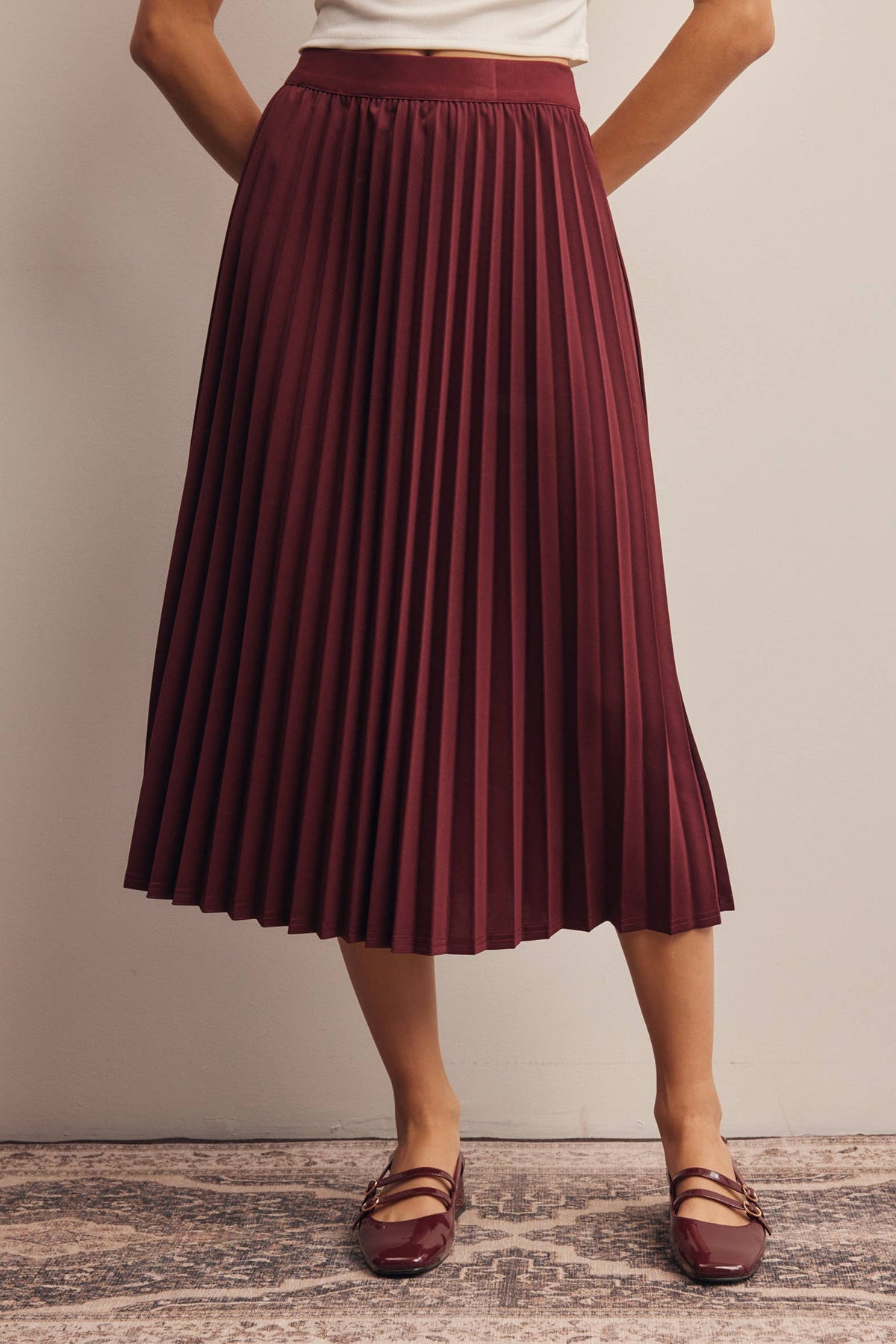 Burgundy Pleated Midi Skirt