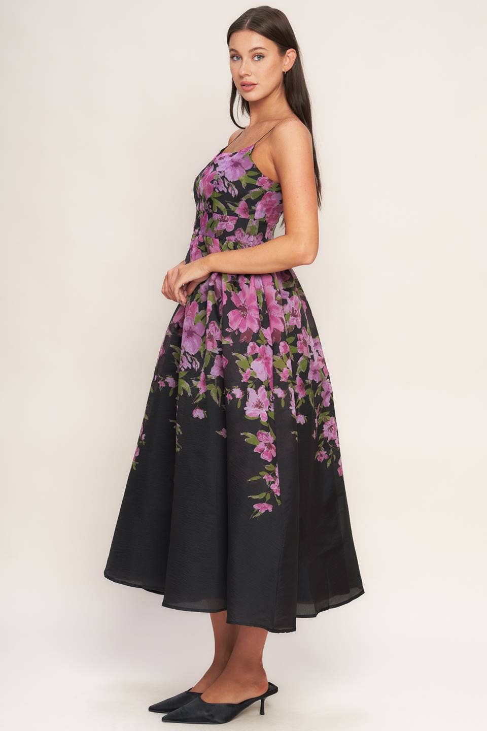 Floral print midi gown with cami top, wide cinched waistband, full skirt, and back zipper closure