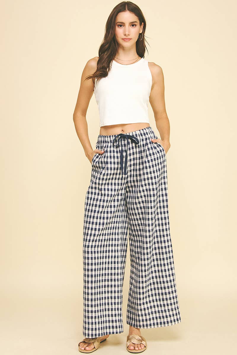 Navy Plaid Wide Leg Pants