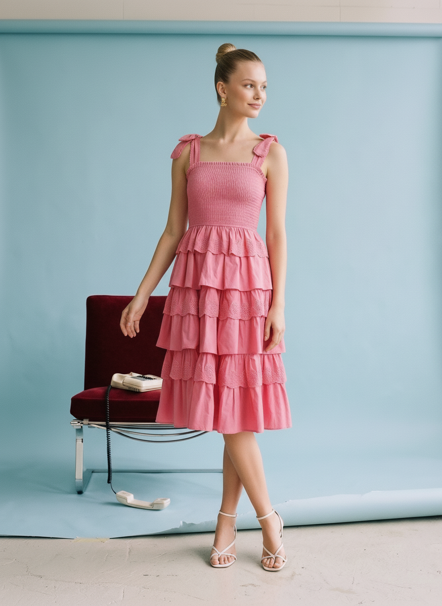 Fuchsia tiered ruffle midi dress with smocked bodice, adjustable tie straps, and lightweight cotton fabric