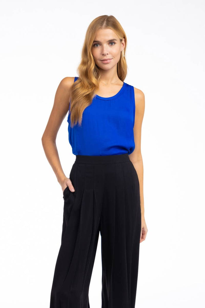 Blue Scoop Neck Satin Tank Top