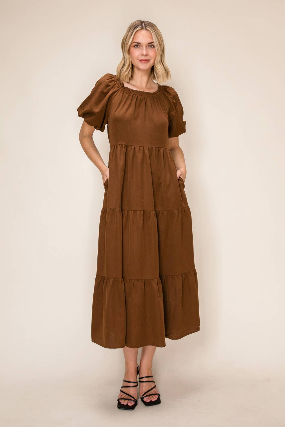 Brown Puff Sleeve Midi Dress