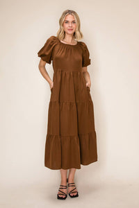 Brown Puff Sleeve Midi Dress